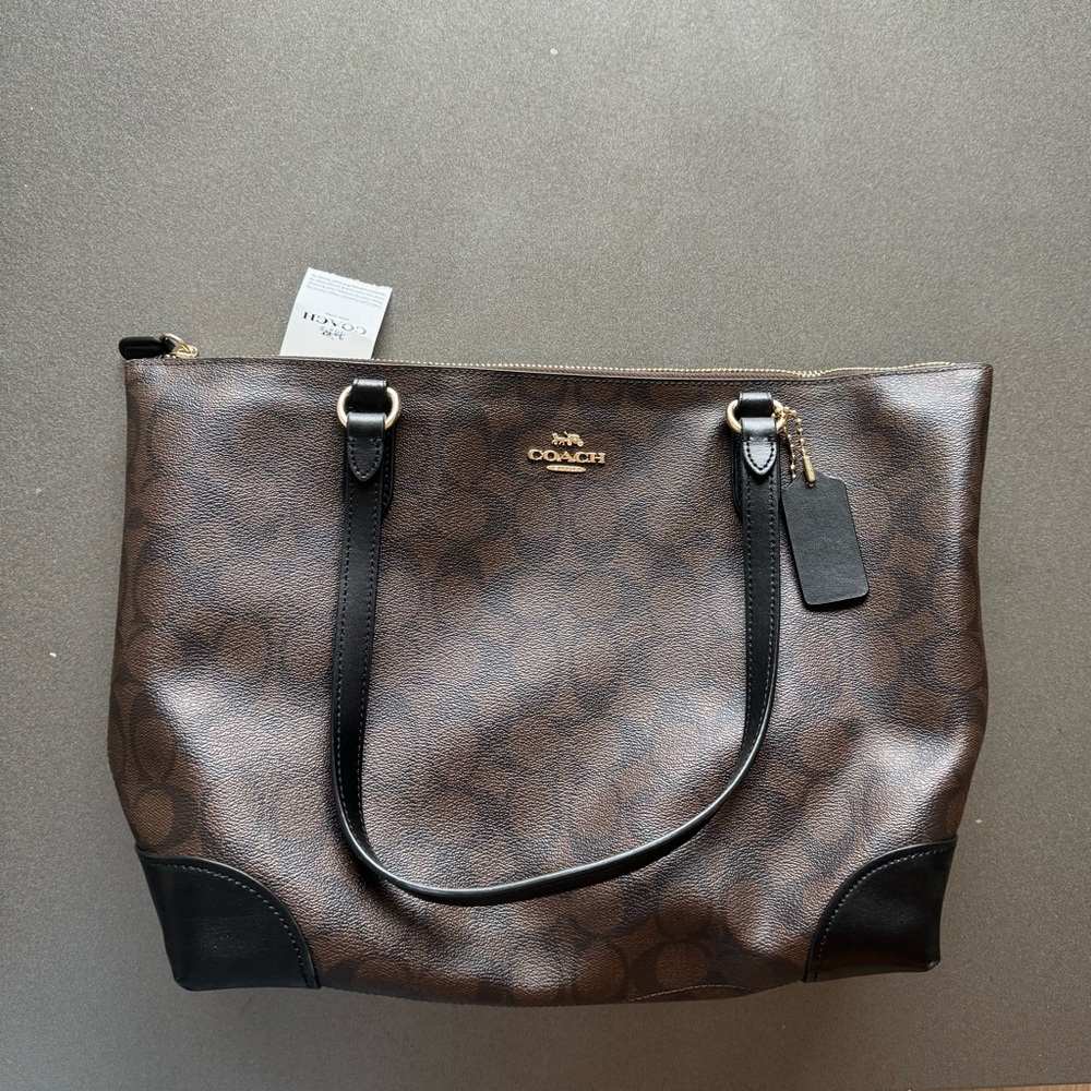 Coach Signature Medium Zip Tote Blk/Brn